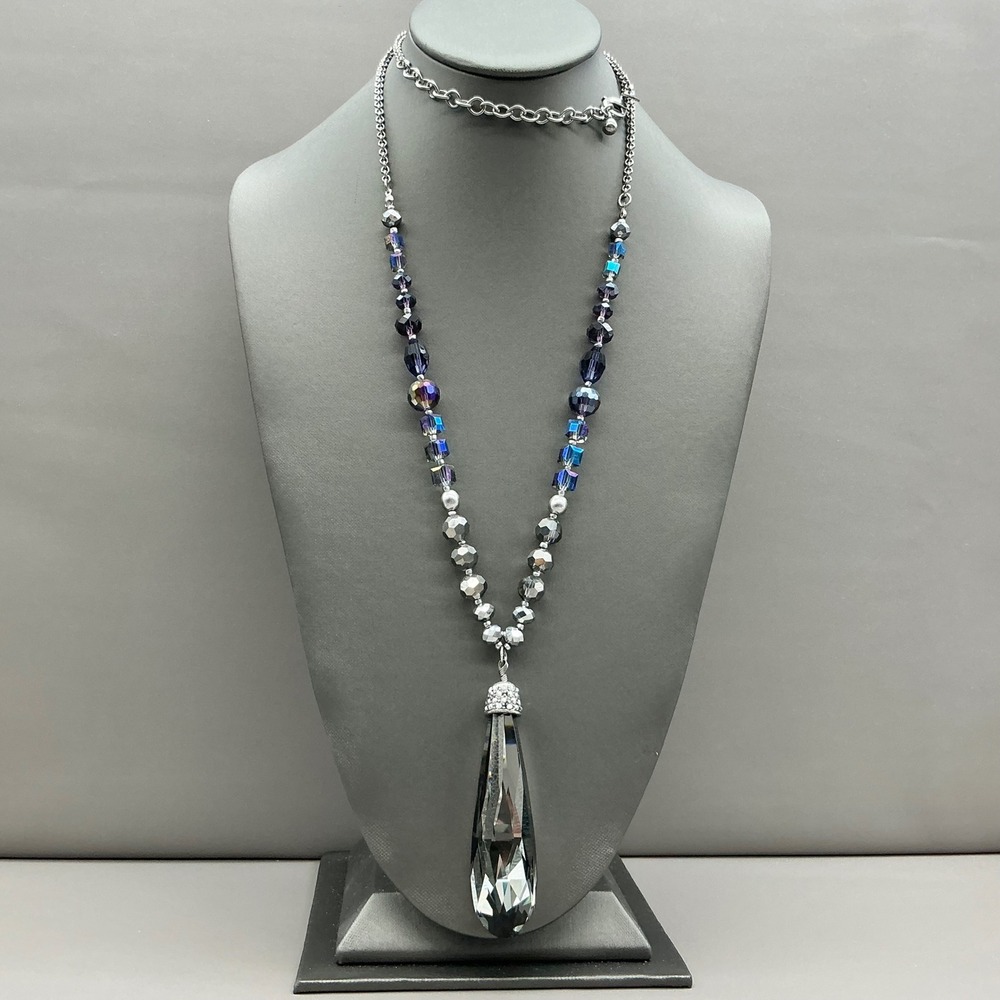 Chico's Necklace Women Silver Blue Beaded Teardrop Pendant Statement 30 Inch